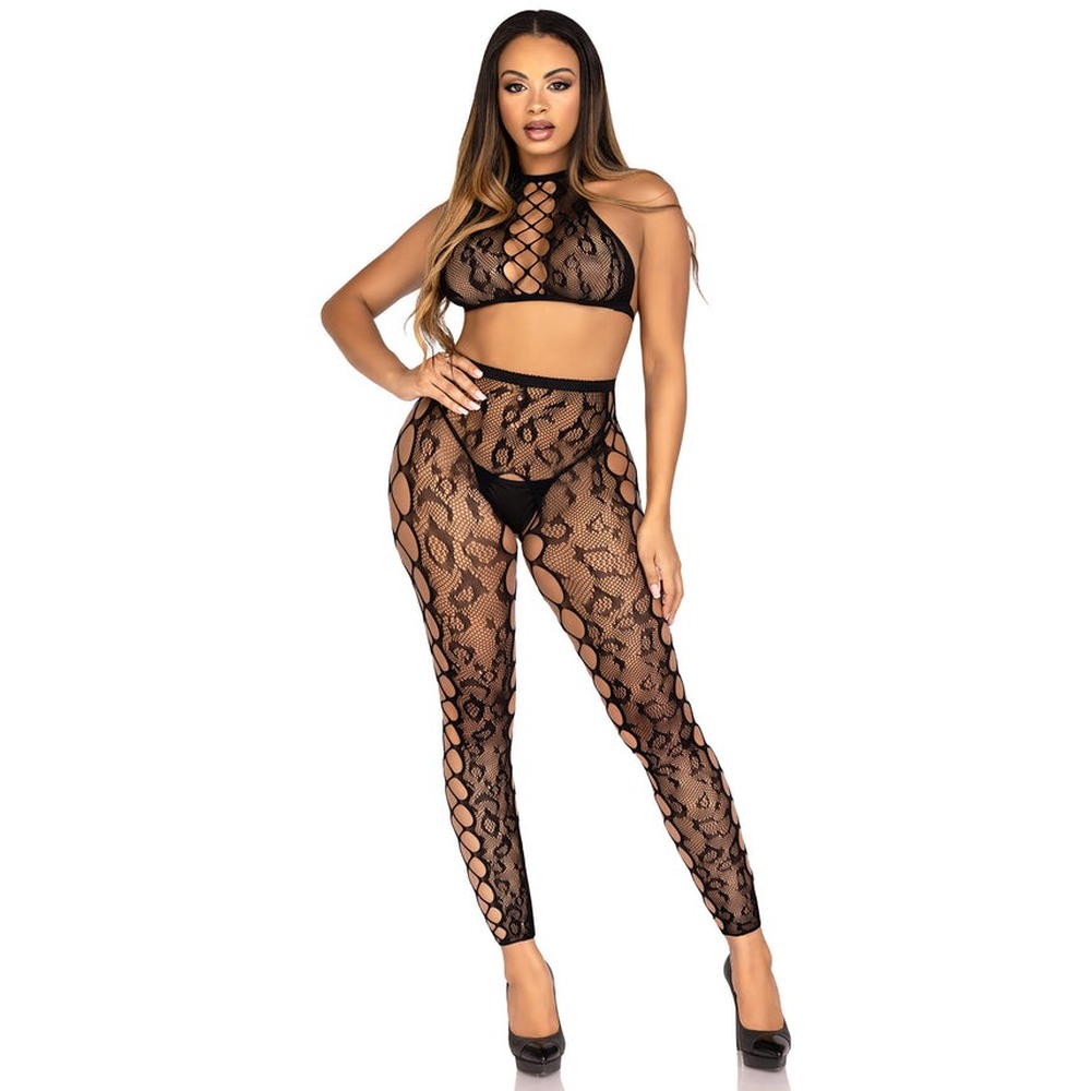 Leg Avenue - Crop Top and Crotchless Tights Lingerie set - Black